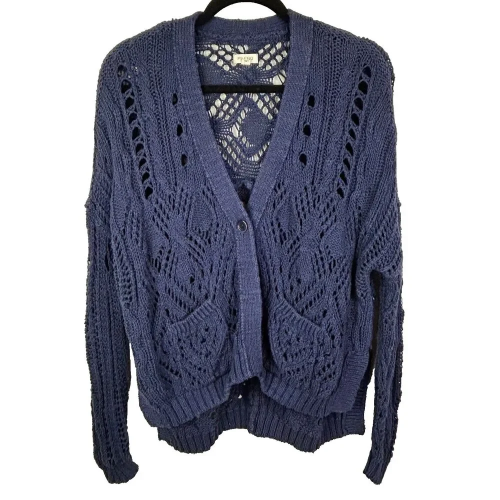 Anthropologie Pilcro Open Stitch Cardigan Knit Sweater Button Front Navy Blue XS - Picture 2 of 14